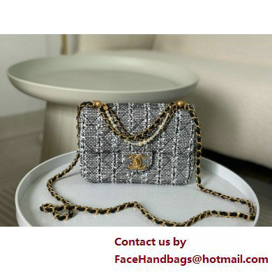 CHANEL Tweed, Imitation Pearls & Gold-Tone Metal White, Black & Silver Mini Flap Bag AS4384 2025(ORIGINAL QUALITY)